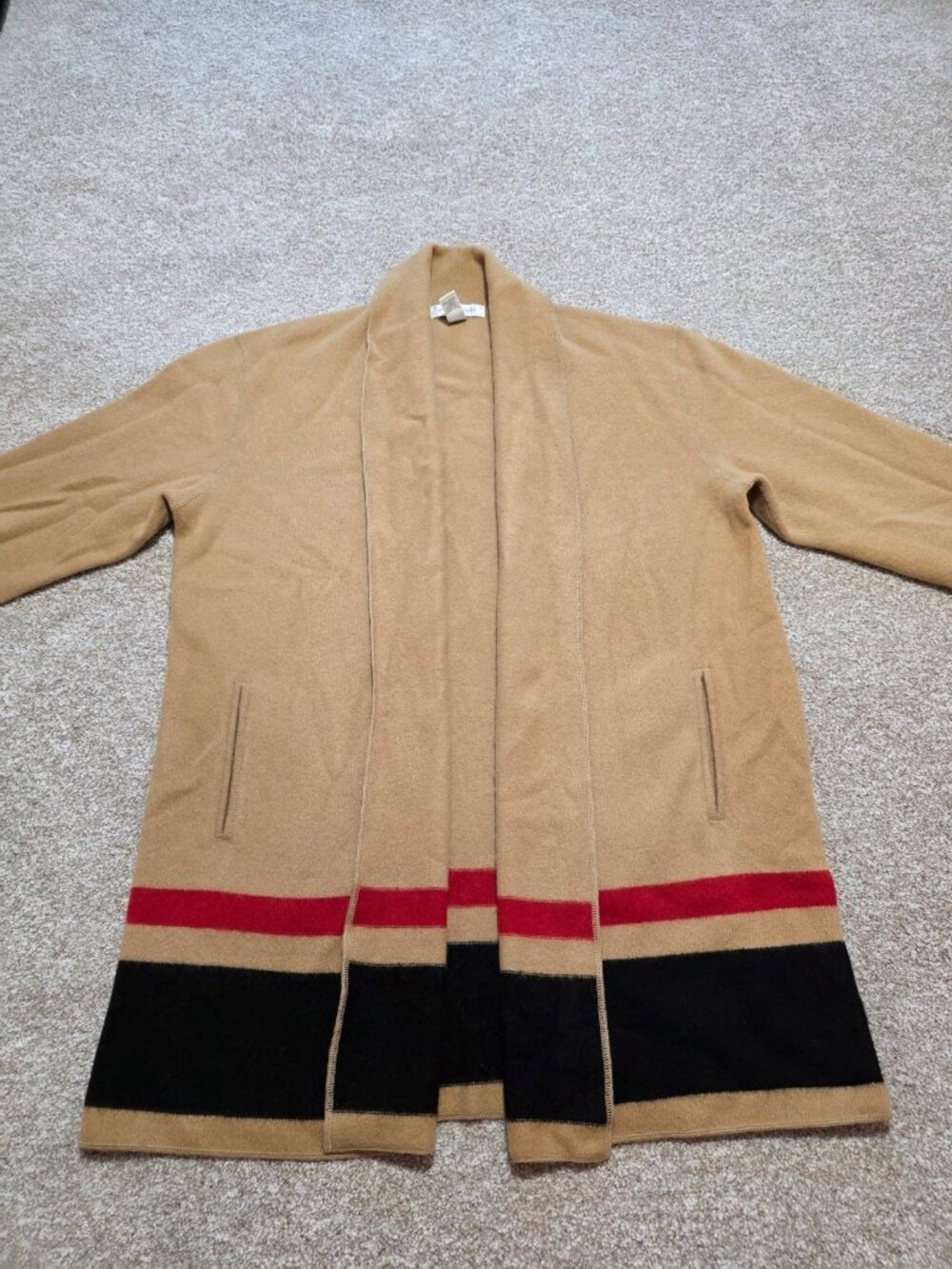 Jones New York 100% Lambswool Brown Knit Striped Open Front Cardigan Sweater XL
